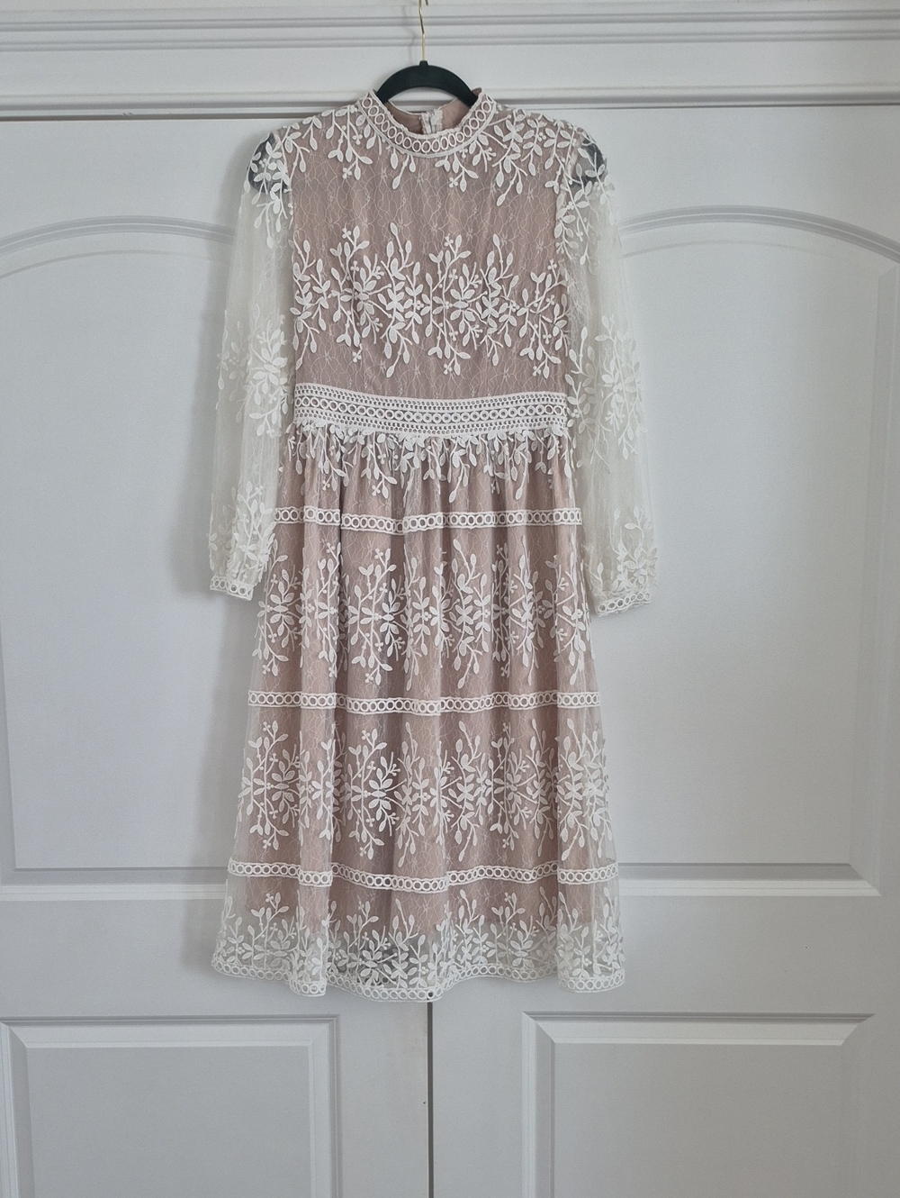 Ivy City Co Blush and Ivory Lace High-Neck Formal Dress